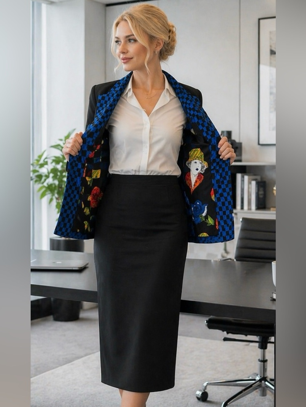 Unique Artsy Skirt Suit Statement Lapel Lined Midi Pencil Vintage Style